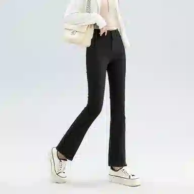 法文箱子 纯色高腰微喇牛仔裤 女款 黑色