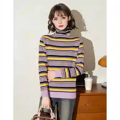 法文箱子 复古条纹拼色长袖针织衫 女款
