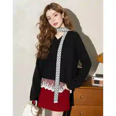 法文箱子 拼接宽松舒适长袖针织衫 女款