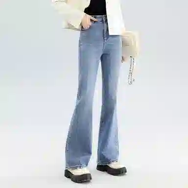 法文箱子 纯色高腰简约舒适牛仔裤 女款 蓝色