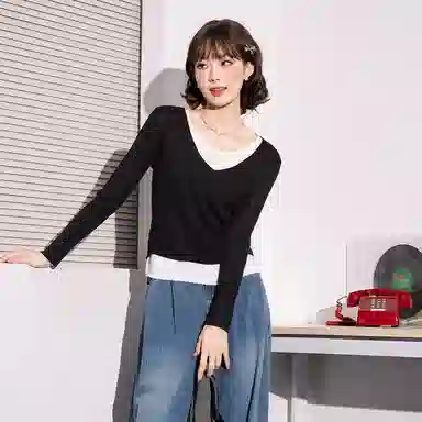 法文箱子 拼色假两件拼接长袖毛衣 女款