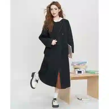 法文箱子 纯色简约长袖大衣 女款 黑色