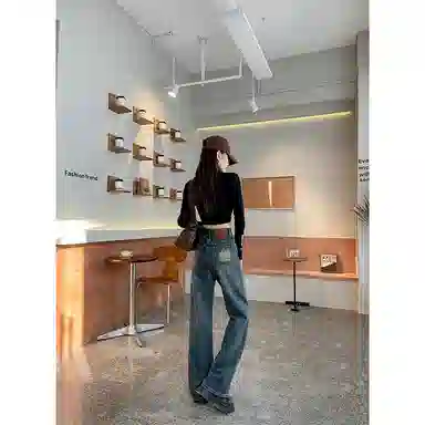 法文箱子 复古高腰直筒牛仔裤 女款