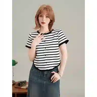 法文箱子 撞色圆领修身短袖针织衫 女款