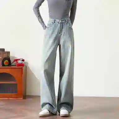 法文箱子 纯色高腰直筒舒适牛仔裤 女款 浅蓝