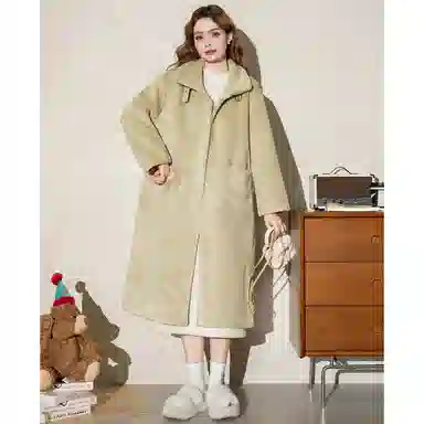 法文箱子 纯色翻领中长款大衣 女款 浅绿
