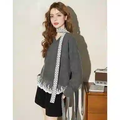 法文箱子 拼接宽松舒适长袖针织衫 女款