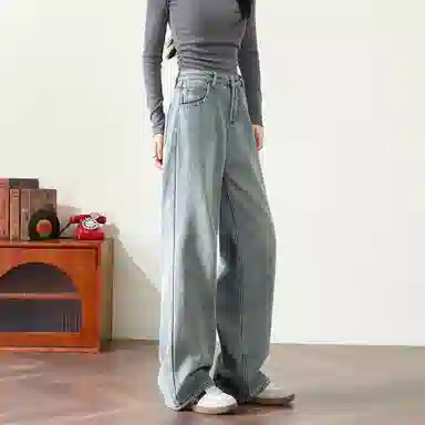 法文箱子 纯色高腰直筒舒适牛仔裤 女款 浅蓝