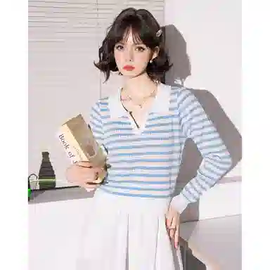 法文箱子 拼色条纹翻领长袖针织衫 女款