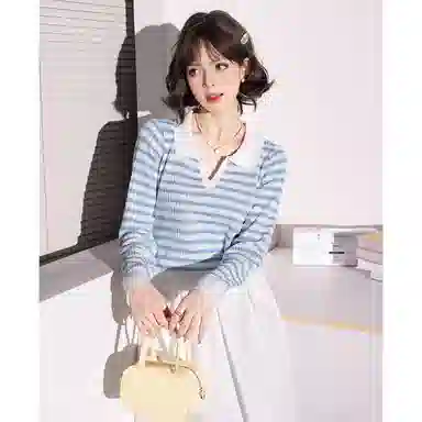 法文箱子 拼色条纹翻领长袖针织衫 女款