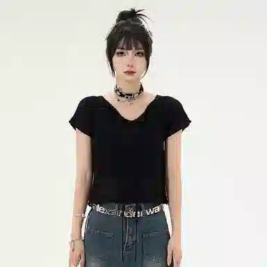 花蔓色 纯色短款修身短袖针织衫 女款