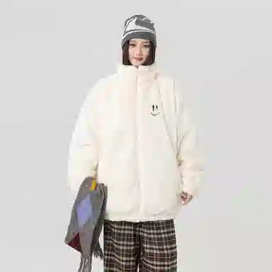 Qnxeey Vintage Embroidered Smile Fleece Jacket