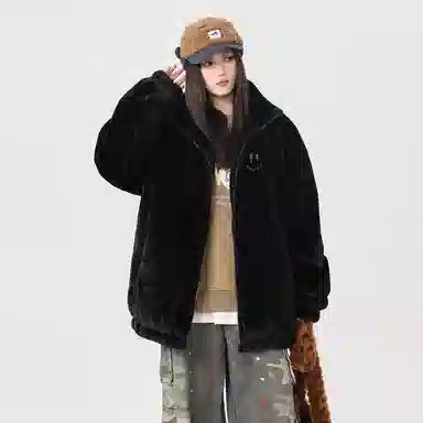 Qnxeey Vintage Embroidered Smile Fleece Jacket