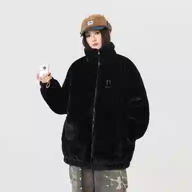 Qnxeey Vintage Embroidered Smile Fleece Jacket