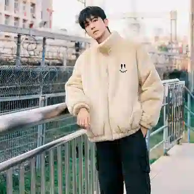 Qnxeey Vintage Embroidered Smile Fleece Jacket