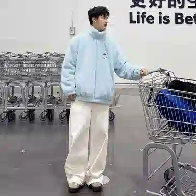 Qnxeey Vintage Embroidered Smile Fleece Jacket