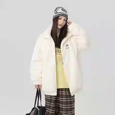 Qnxeey Vintage Embroidered Smile Fleece Jacket