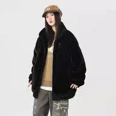 Qnxeey Vintage Embroidered Smile Fleece Jacket