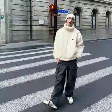 Qnxeey Vintage Embroidered Smile Fleece Jacket