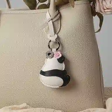 后鸟 大熊猫可爱花花小众 手工小羊皮真皮 钥匙扣包包挂件吊饰汽车挂件饰品 男女同款情侣款 黑白粉色