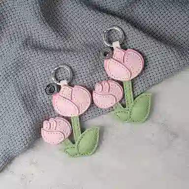 后鸟 郁金香花花朵可爱小众 手工真皮小羊皮 包包挂件钥匙扣吊饰挂饰车挂件 男女同款情侣款 粉色绿色白色