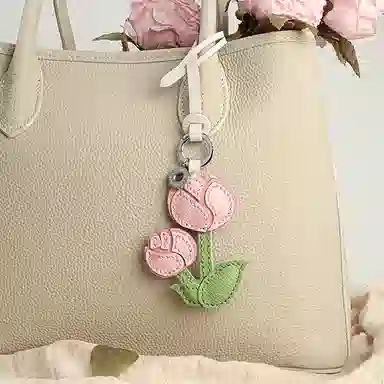 后鸟 郁金香花花朵可爱小众 手工真皮小羊皮 包包挂件钥匙扣吊饰挂饰车挂件 男女同款情侣款 粉色绿色白色