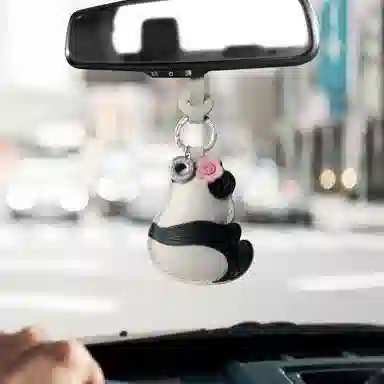 后鸟 大熊猫可爱花花小众 手工小羊皮真皮 钥匙扣包包挂件吊饰汽车挂件饰品 男女同款情侣款 黑白粉色