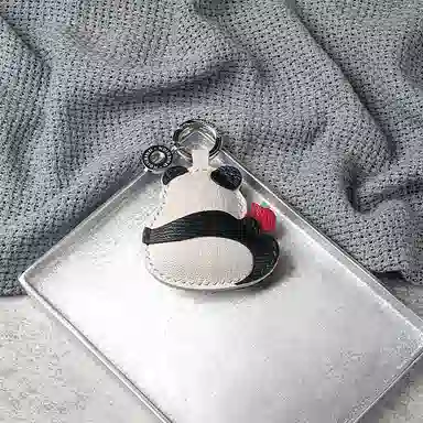 后鸟 大熊猫可爱花花 手工小羊皮真皮 挂件 男女同款情侣款 黑白红色绿色