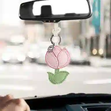 后鸟 包包挂件吊饰汽车挂件饰品郁金香小花花朵可爱 手工小羊皮真皮 钥匙扣 男女同款情侣款 粉色白色绿色