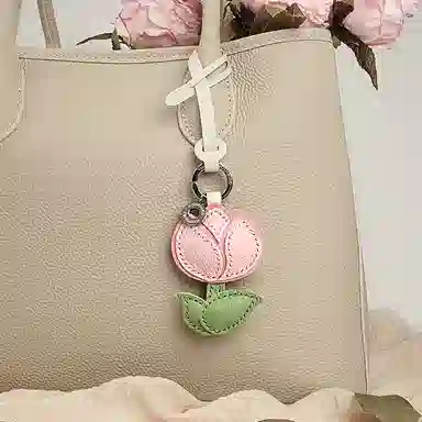 后鸟 包包挂件吊饰汽车挂件饰品郁金香小花花朵可爱 手工小羊皮真皮 钥匙扣 男女同款情侣款 粉色白色绿色