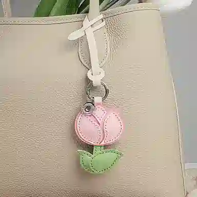后鸟 包包挂件吊饰汽车挂件饰品郁金香小花花朵可爱 手工小羊皮真皮 钥匙扣 男女同款情侣款 粉色白色绿色