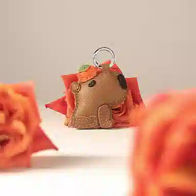 后鸟 包包挂件吊饰汽车挂件饰品水豚头顶好柿子可爱卡皮巴拉 手工小羊皮真皮 钥匙扣 男女同款情侣款 美拉德配色棕色橙色绿色