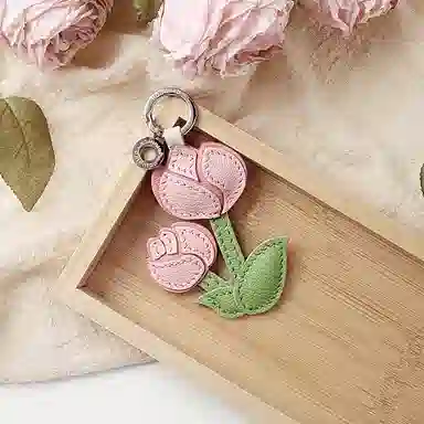 后鸟 郁金香花花朵可爱小众 手工真皮小羊皮 包包挂件钥匙扣吊饰挂饰车挂件 男女同款情侣款 粉色绿色白色