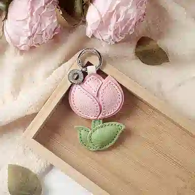 后鸟 包包挂件吊饰汽车挂件饰品郁金香小花花朵可爱 手工小羊皮真皮 钥匙扣 男女同款情侣款 粉色白色绿色