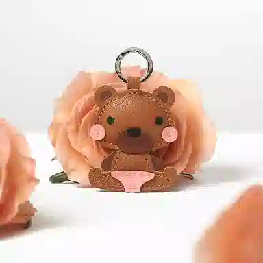 后鸟 原创趣味设计小熊可爱手工真皮小众新中式高级感轻奢玩偶玩具汽车吊饰品 羊皮 包包挂件钥匙扣链 男女同款情侣款 美拉德配色