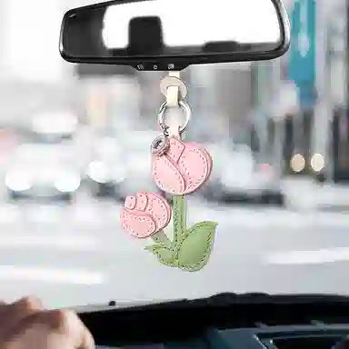 后鸟 郁金香花花朵可爱小众 手工真皮小羊皮 包包挂件钥匙扣吊饰挂饰车挂件 男女同款情侣款 粉色绿色白色