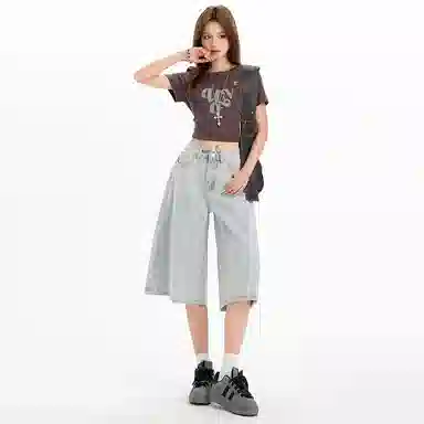 拾籍 宽松适中高腰阔腿七分牛仔短裤 女款