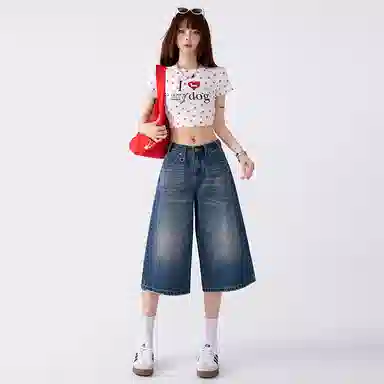 拾籍 合身适中阔腿高腰牛仔短裤 女款