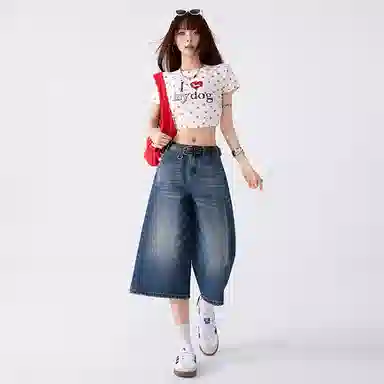 拾籍 合身适中阔腿高腰牛仔短裤 女款