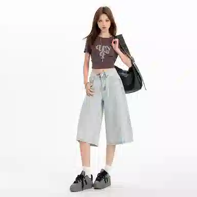 拾籍 宽松适中高腰阔腿七分牛仔短裤 女款