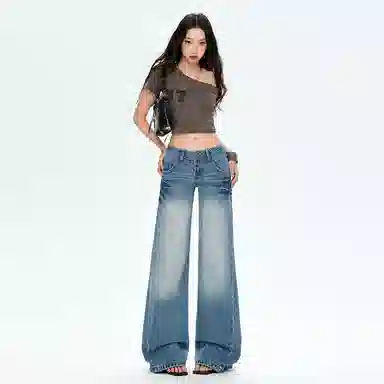 拾籍 美式复古水阔腿低腰宽松牛仔裤 女款