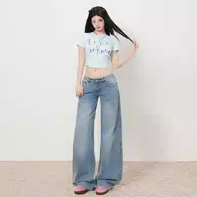 拾籍 宽松适中低腰直筒牛仔裤 女款