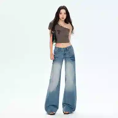 拾籍 美式复古水阔腿低腰宽松牛仔裤 女款