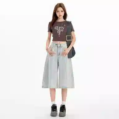 拾籍 宽松适中高腰阔腿七分牛仔短裤 女款