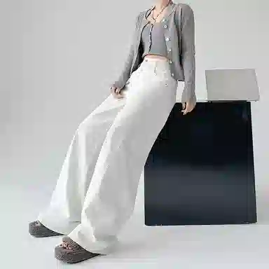 拾籍 甜酷风高腰宽松阔腿牛仔裤 女款 白色