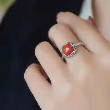 老庆云银楼 复古方形戒 小巧精致简约时尚 唐草纹民族风 小众创意设计高级感指环#好运 玛瑙 戒指 男女同款情侣款