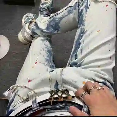 虫小绿 美式修身小脚泼墨刷漆涂鸦破洞高街风百搭情侣休闲裤牛仔裤 男女同款