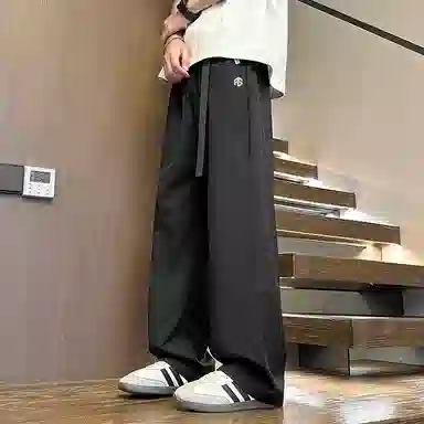 虫小绿 美式复古潮牌高街冰丝直筒腰带卡扣宽松透气百搭工装拼接纯色阔腿裤拖地弯刀休闲裤 男女同款