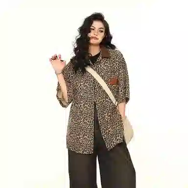 虫小绿 美式豹纹宽松时尚潮流百搭潮牌设计感衬衣休闲运动短袖衬衫 男女同款