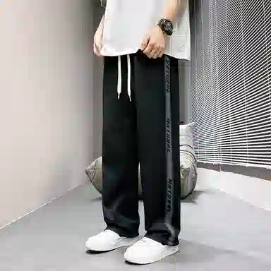 虫小绿 美式复古街头基础款侧边拼接渐变撞色条纹抽绳直筒阔腿垂感卫裤日常通勤运动百搭潮流痞帅印花休闲裤 男女同款